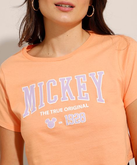 Camiseta Cropped Mickey Manga Curta Decote Redondo Coral
