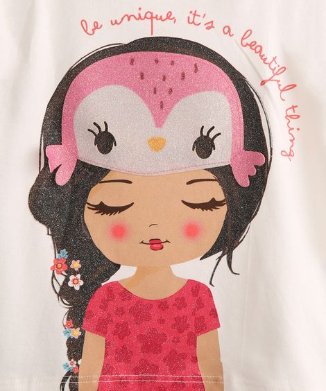Blusa Infantil Menina com Coruja Manga Longa Gola Alta Off White