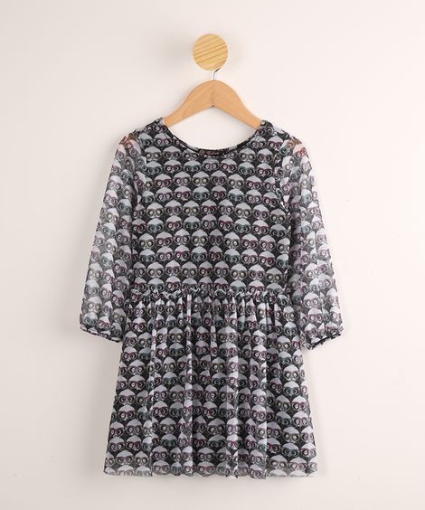 Vestido Infantil de Tule Estampado de Pandas Manga Longa Luluca Preto