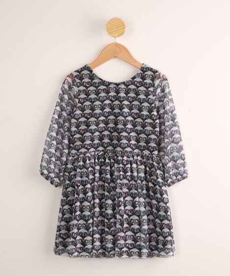 Vestido Infantil de Tule Estampado de Pandas Manga Longa Luluca Preto