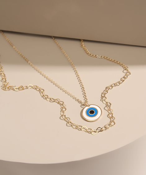 Kit de Gargantilha Choker Corrente de Coração + Colar com Pingente de Olho Grego Dourado