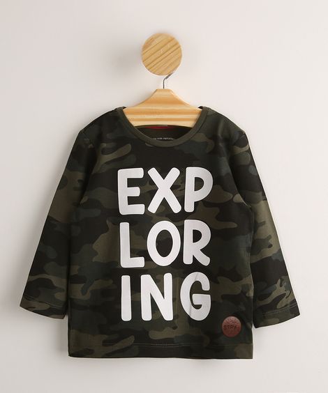 INATIVO - PROBLEMA DE QUALIDADE - Camiseta Infantil Camuflada "Exploring" Manga Longa  Verde Militar