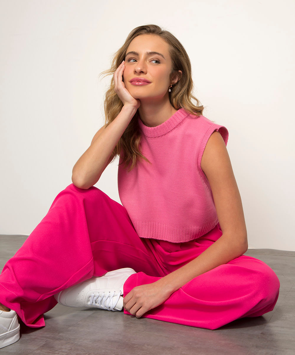Colete Cropped de Tricô Decote Redondo Mindset Rosa