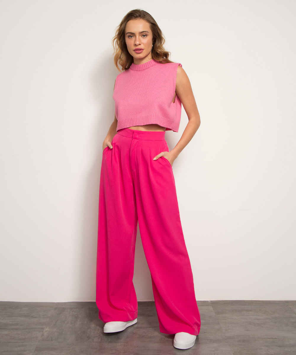 Colete Cropped de Tricô Decote Redondo Mindset Rosa