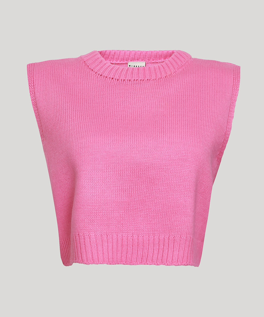 Colete Cropped de Tricô Decote Redondo Mindset Rosa