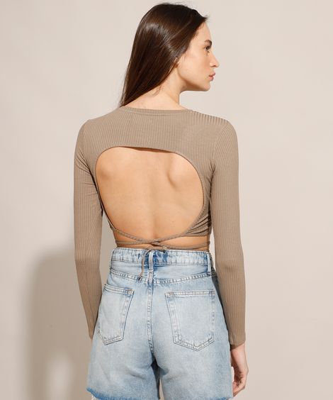 Blusa Cropped Canelada com Vazado e Amarração Manga Longa Decote Redondo Bege