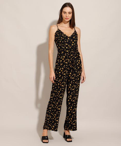 Macacão Longo Estampado Floral com Amarração Alça Fina Decote V Preto