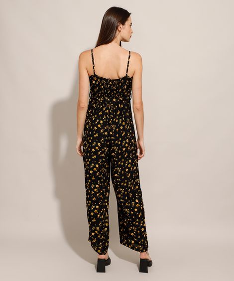 Macacão Longo Estampado Floral com Amarração Alça Fina Decote V Preto