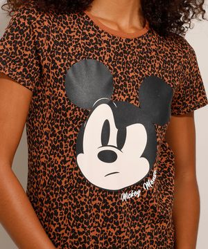 Camiseta Estampada Animal Print Mickey Manga Curta Decote Redondo Marrom - marrom