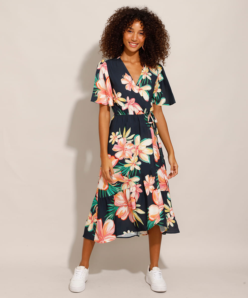 Pokiha-Vestido Midi Estampado Floral Feminino com Alças Finas