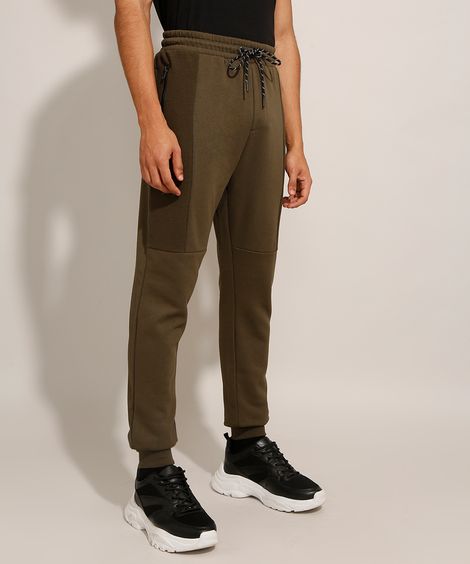 Calça Relaxed de Moletom com Recortes Canelados e Bolso de Zíper Verde Militar