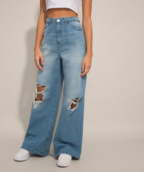 Calça Wide Pantalona Jeans Destroyed Cintura Super Alta Azul Claro