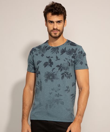 Camiseta Slim Estampada Floral Manga Curta Gola Careca Azul
