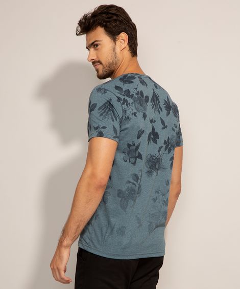 Camiseta Slim Estampada Floral Manga Curta Gola Careca Azul
