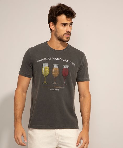 Camiseta de Algodão "Hand Crafted" Manga Curta Gola Careca  Preto