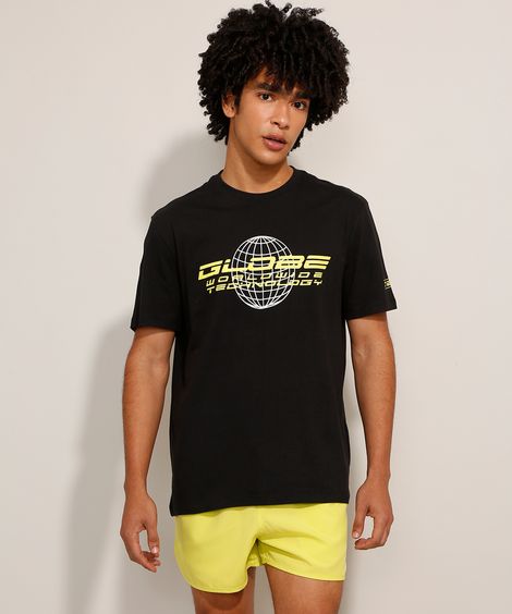 Camiseta de Algodão "Globe" Manga Curta Gola Careca Preta