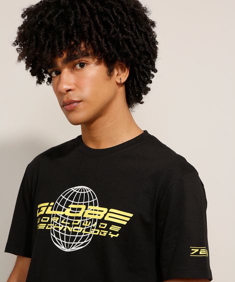 Camiseta de Algodão "Globe" Manga Curta Gola Careca Preta