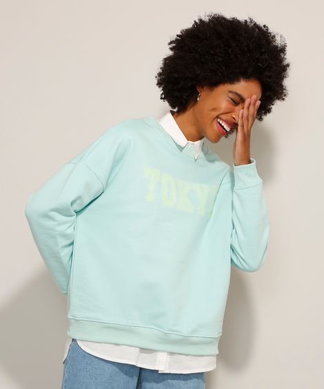 Blusão Oversized de Moletom "Tokyo" Decote Redondo Verde Claro