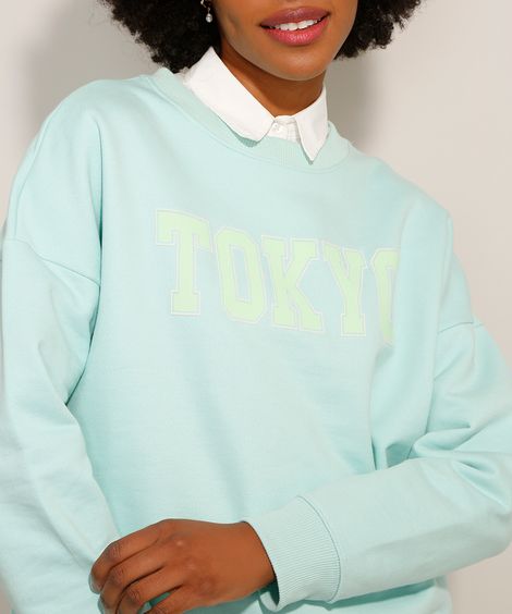 Blusão Oversized de Moletom "Tokyo" Decote Redondo Verde Claro