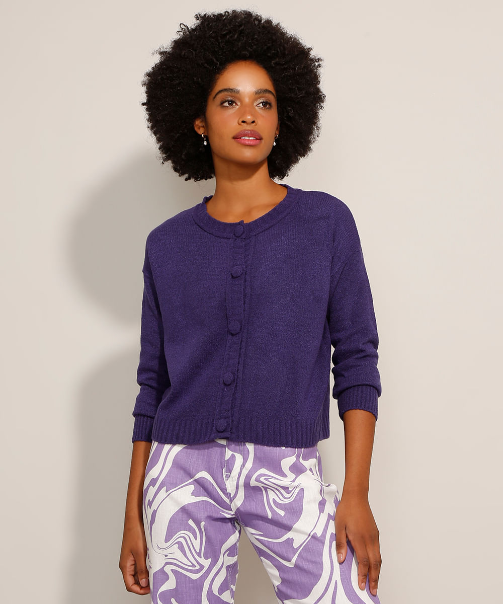 Cardigan de Tricô Decote Redondo Roxo