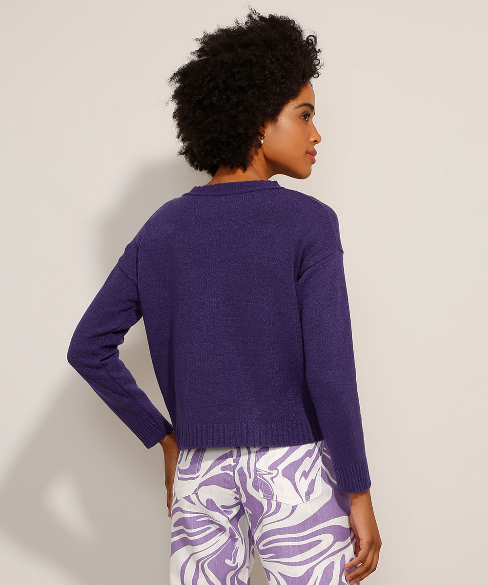 Cardigan de Tricô Decote Redondo Roxo