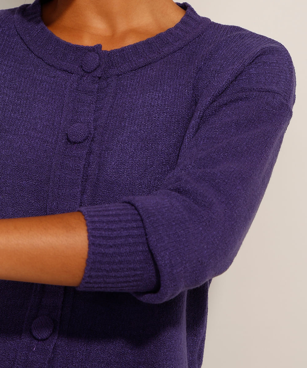 Cardigan de Tricô Decote Redondo Roxo