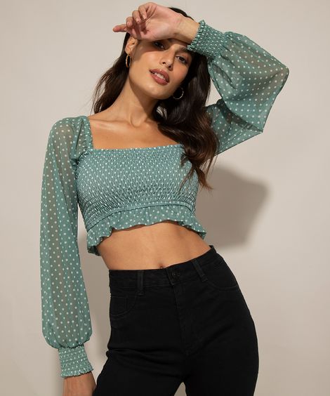 Blusa Cropped de Tule Estampada Poá com Lastex Manga Bufante Decote Reto Verde