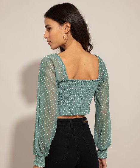 Blusa Cropped de Tule Estampada Poá com Lastex Manga Bufante Decote Reto Verde