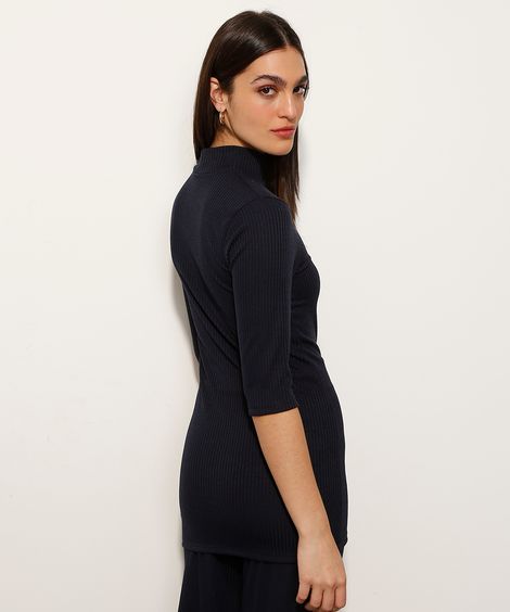 Blusa Longa Canelada Manga 3/4 Gola Alta Mindset Azul Escuro
