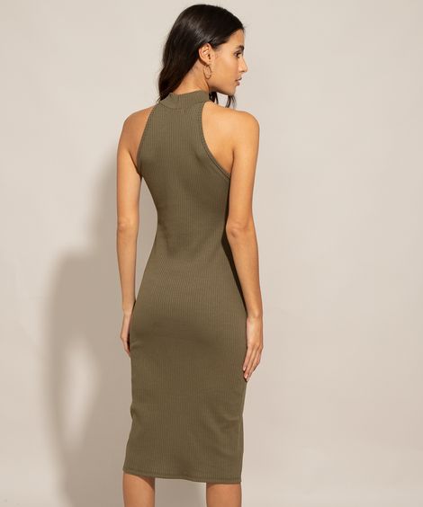Vestido Feminino Midi Halter Neck Canelado com Fenda Gola Alta Verde Militar