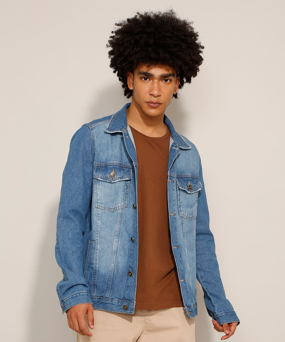 Jaqueta Trucker Jeans com Bolsos Azul Médio Menor preço em Jaqueta Trucker Jeans com Bolsos Azul Médio