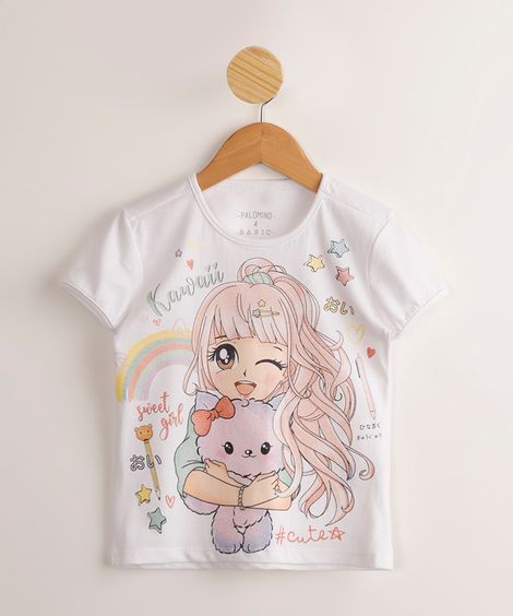 Blusa Infantil de Algodão Menina Mangá com Glitter Manga Curta Off White