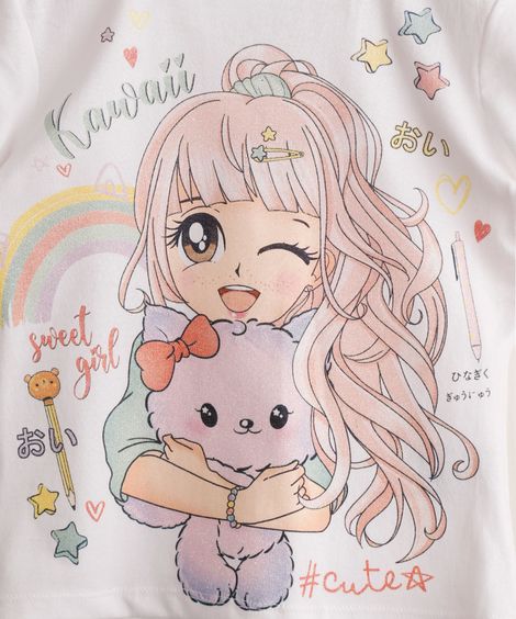 Blusa Infantil de Algodão Menina Mangá com Glitter Manga Curta Off White