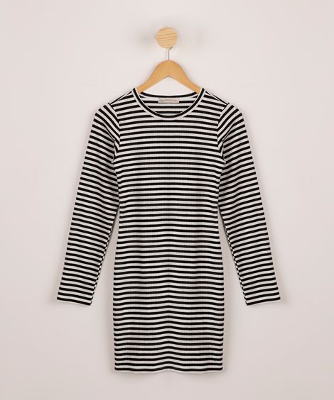 Vestido Juvenil Malha Canelada Listrado Manga Longa Branco
