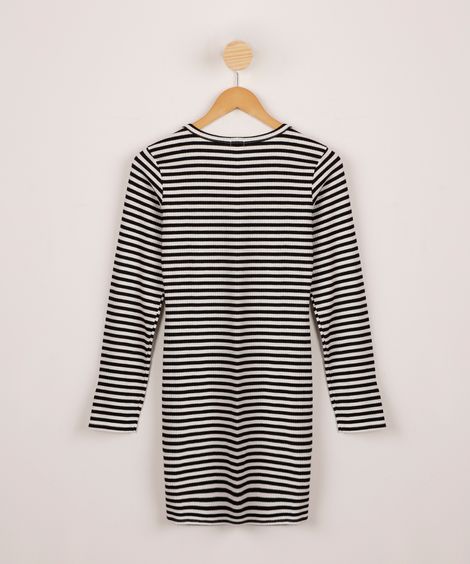Vestido Juvenil Malha Canelada Listrado Manga Longa Branco