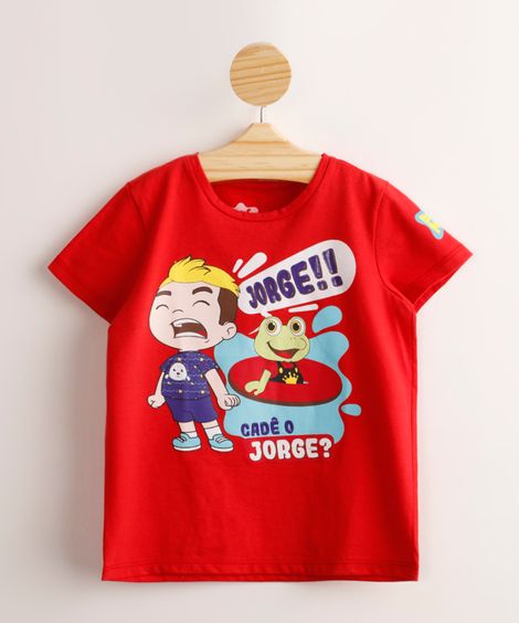Camiseta Infantil de Algodão "Cadê o Jorge?" Luccas Neto Manga Curta Vermelha
