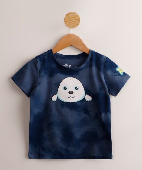 Camiseta Infantil de Algodão Tie Dye Foca Luccas Neto Manga Curta Azul Marinho