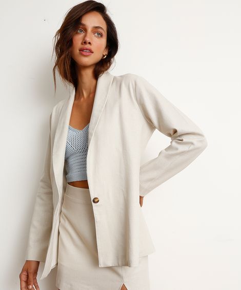 Blazer Longo com Linho Bege Claro