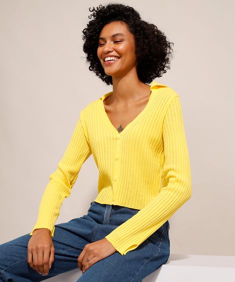 Cardigan Cropped Canelado Decote V Amarelo