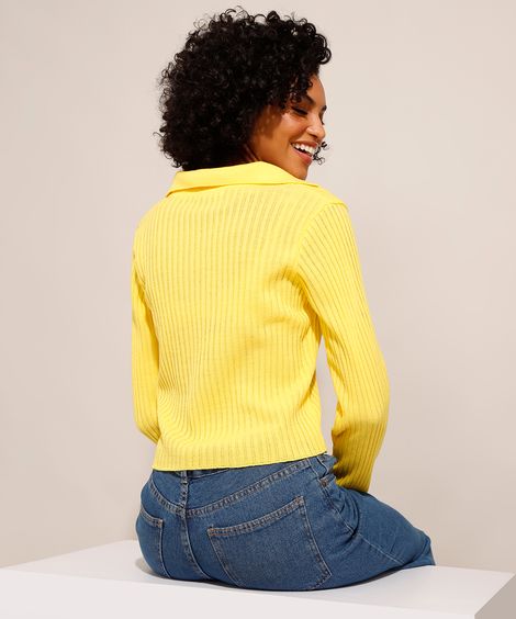 Cardigan Cropped Canelado Decote V Amarelo