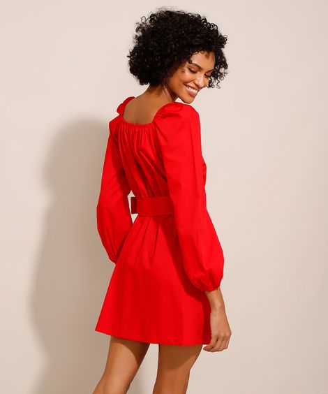 Vestido Curto de Algodão com Faixa para Amarrar Manga Bufante Vermelho