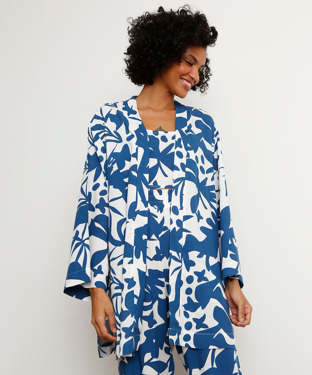 Kimono de Viscose Estampado Abstrato Azul