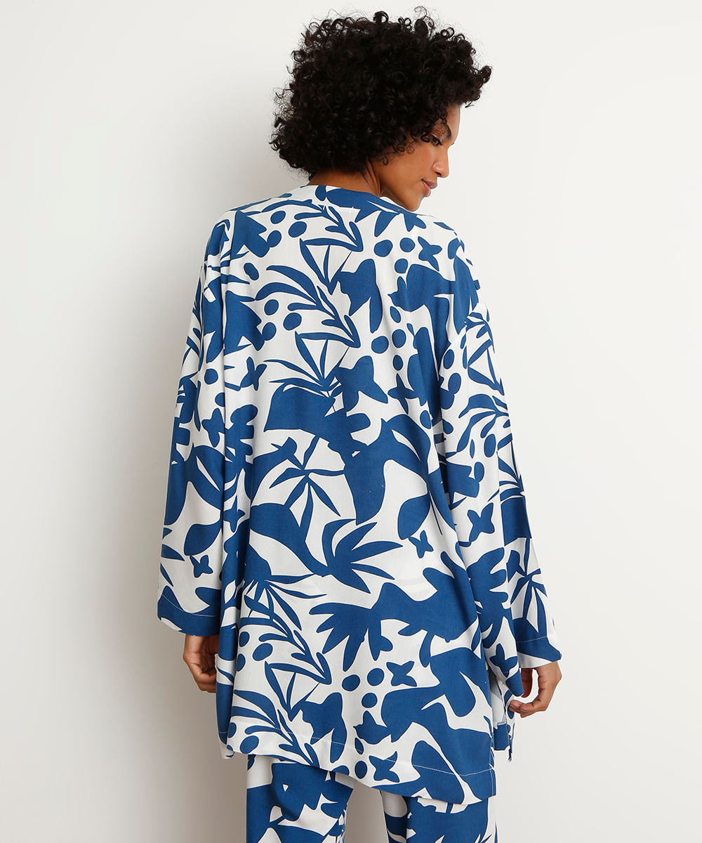 Kimono de Viscose Estampado Abstrato Azul