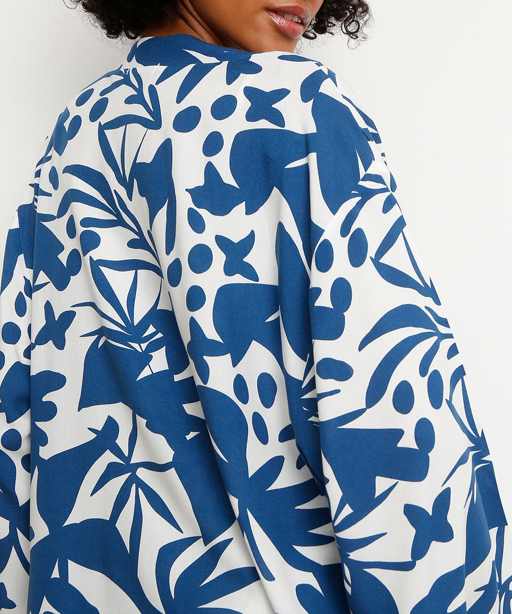 Kimono de Viscose Estampado Abstrato Azul