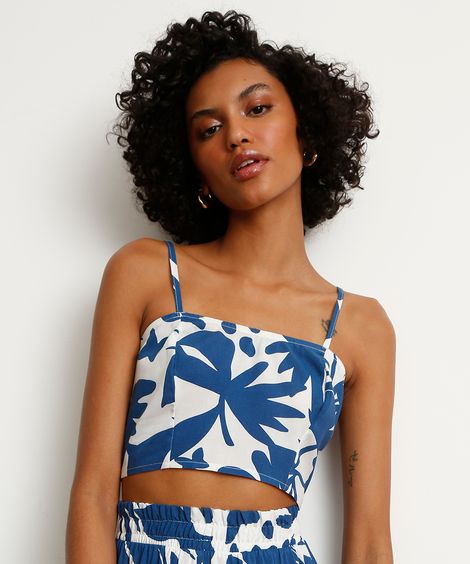 Top Cropped de Viscose Estampado Abstrato Alça Fina Decote Reto  Azul