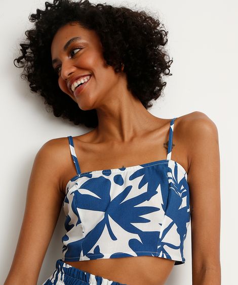 Top Cropped de Viscose Estampado Abstrato Alça Fina Decote Reto  Azul