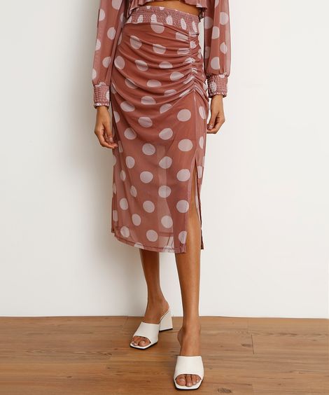 Saia Midi de Tule Estampada de Poá com Fenda Marrom