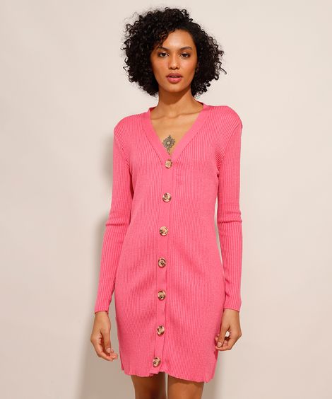 Vestido Curto de Tricô Canelado com Botões Manga Longa Rosa