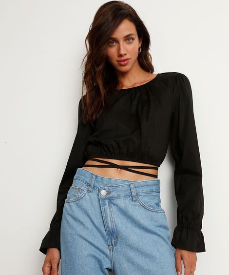 Blusa Cropped com Amarração Manga Bufante Decote Redondo Preta