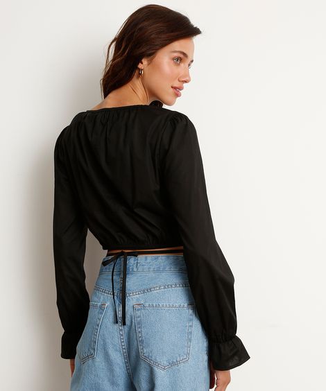 Blusa Cropped com Amarração Manga Bufante Decote Redondo Preta